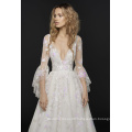 New Coming Modern Style Deep V-Neckline with Low Scoop Back, Holographic Floral Embroidery Throughout Wedding Dress with Beaded Net Butterfly Sleeves